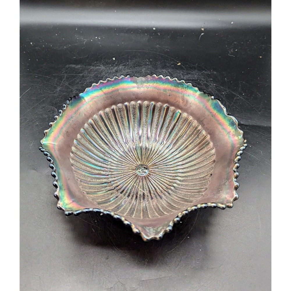 Antique Northwood Amethyst Purple Carnival Glass Bowl Basket Stippled Rays 9.75"
